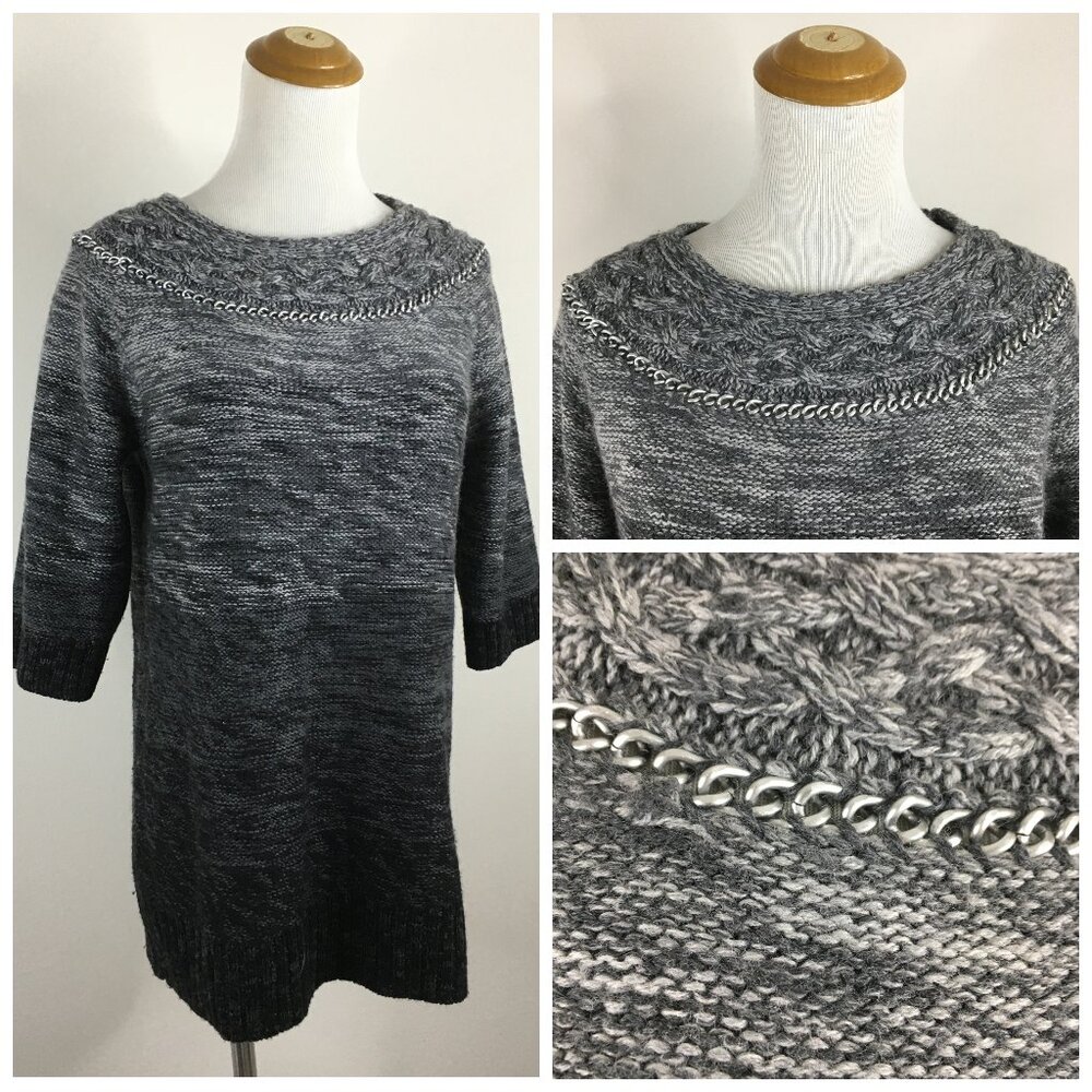 RACHEL ROY 3/4 Sleeve Ombre Black Gray Knit Silver Chain Wool Blend Sweater